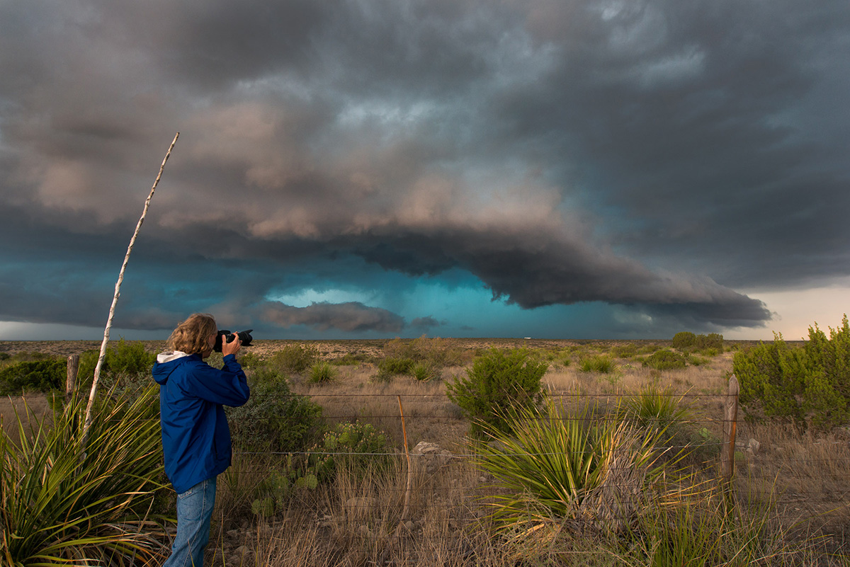 Fred Wasmer photographing an approaching hail storm near Sheffield, Texas.
