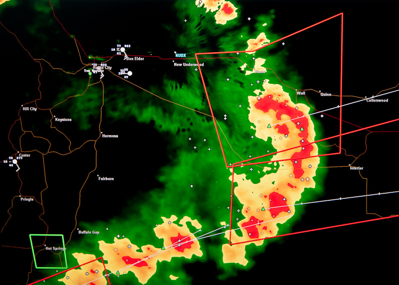 Bow echo radar image of bowing squall line over Badlands National Park, South Dakota